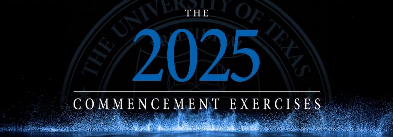 Commencement Exercises 2025 banner art black with blue neon splashes and university seal in background