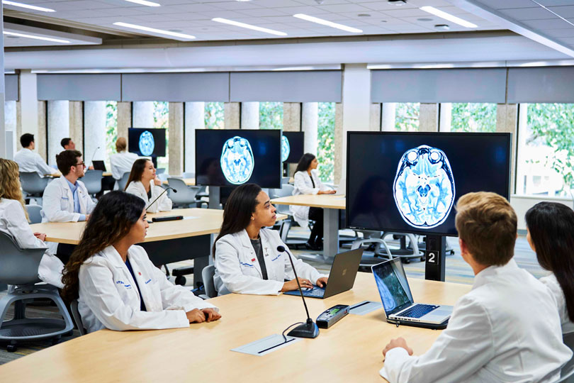 Medical students look at a scanned image of a brain in the Team-Based Learning Center